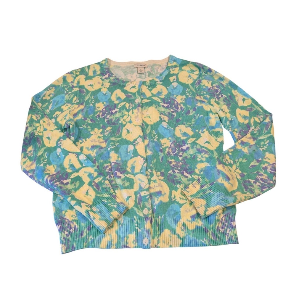 LL Bean Women Floral Cardigan Sweater Green Blue Yellow Knit Button Petitie S